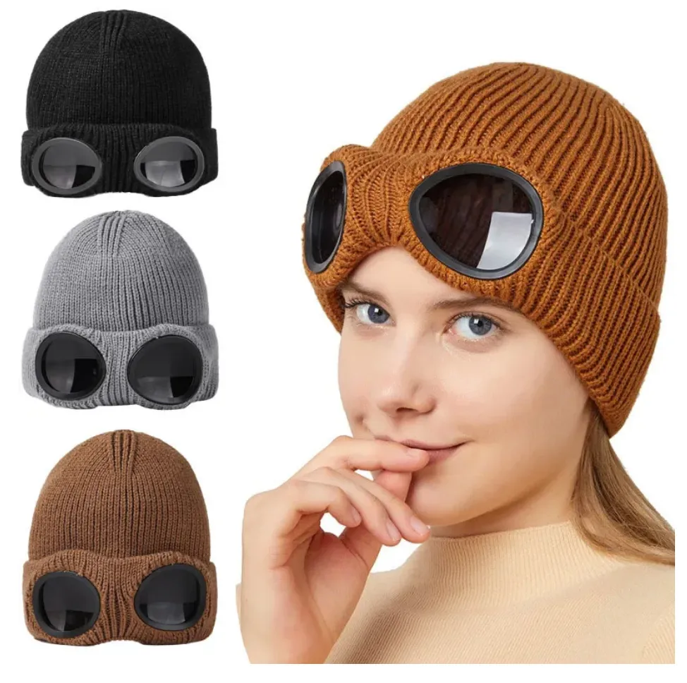 Casquettes de ski en polaire unisexe Bonnet d'hiver coupe-vent avec lunettes tricotées chapeaux de laine chaude crâne de ski de neige casquette de sport de plein air mode crâne beabies C430