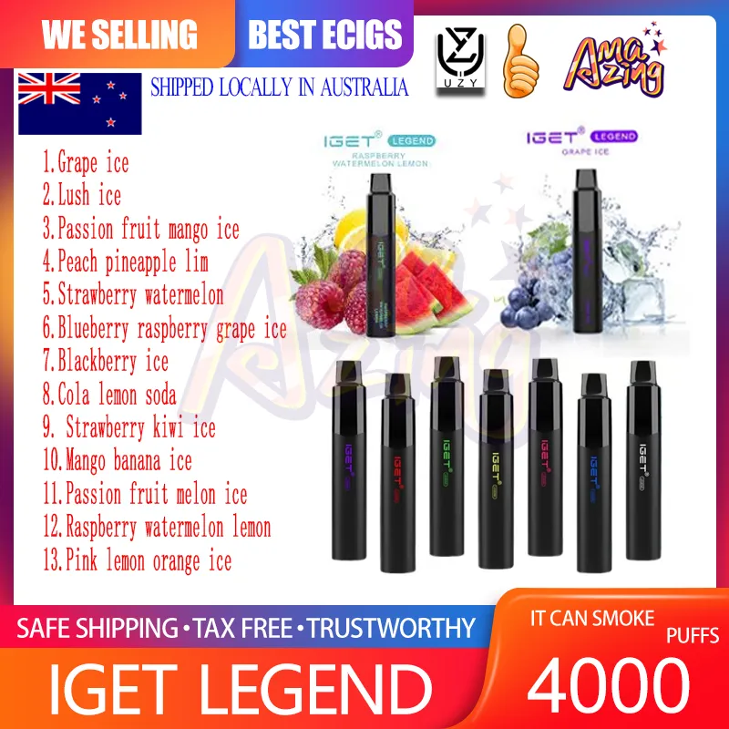 최고 품질의 IGET 전설 4000 퍼프 e 담배 일회용 vapes 포드 장치 1000mAh 배터리 5% 12ml 카트리지 스타터 키트 소형 선박 지역 호주.