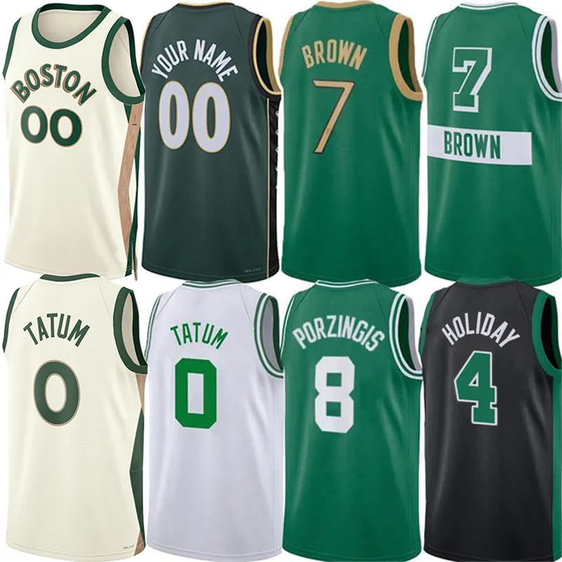 Özel Bostonlar Celti Basketbol Formaları Jayson Tatum Kristaps Porzingis Jrue Tatil Jaylen 7 Kahverengi Derrick White Jersey Al Horford City Green Edition Erkekler