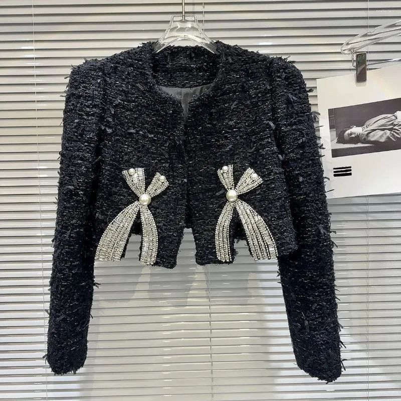 Ternos femininos outono inverno blazers de alta qualidade strass arco tweed solto preto curto terno jaqueta