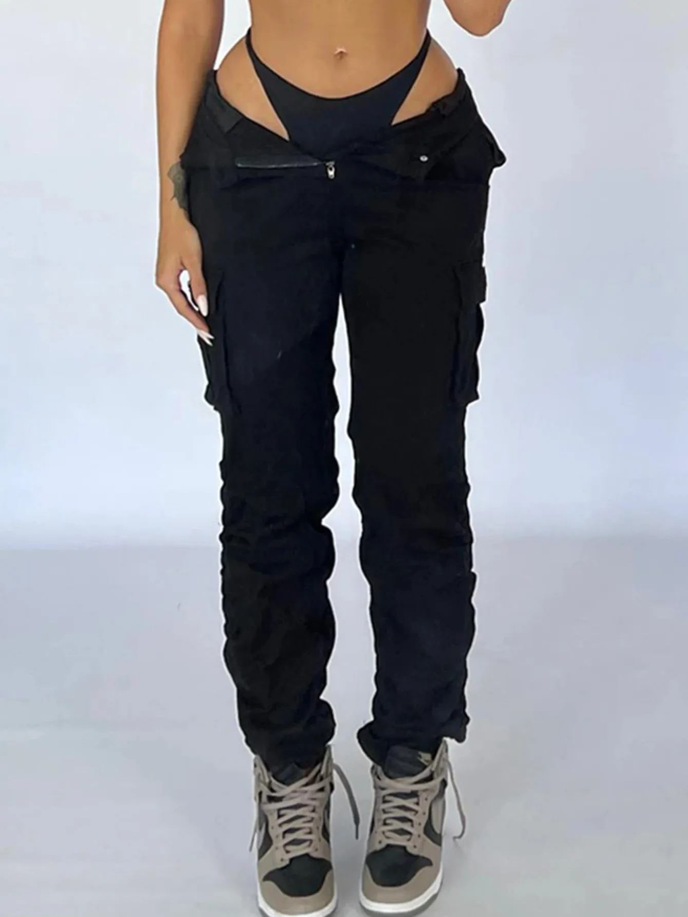 Straight Leg Cargo Pants Women High Waist Casual Baggy Pants Slim