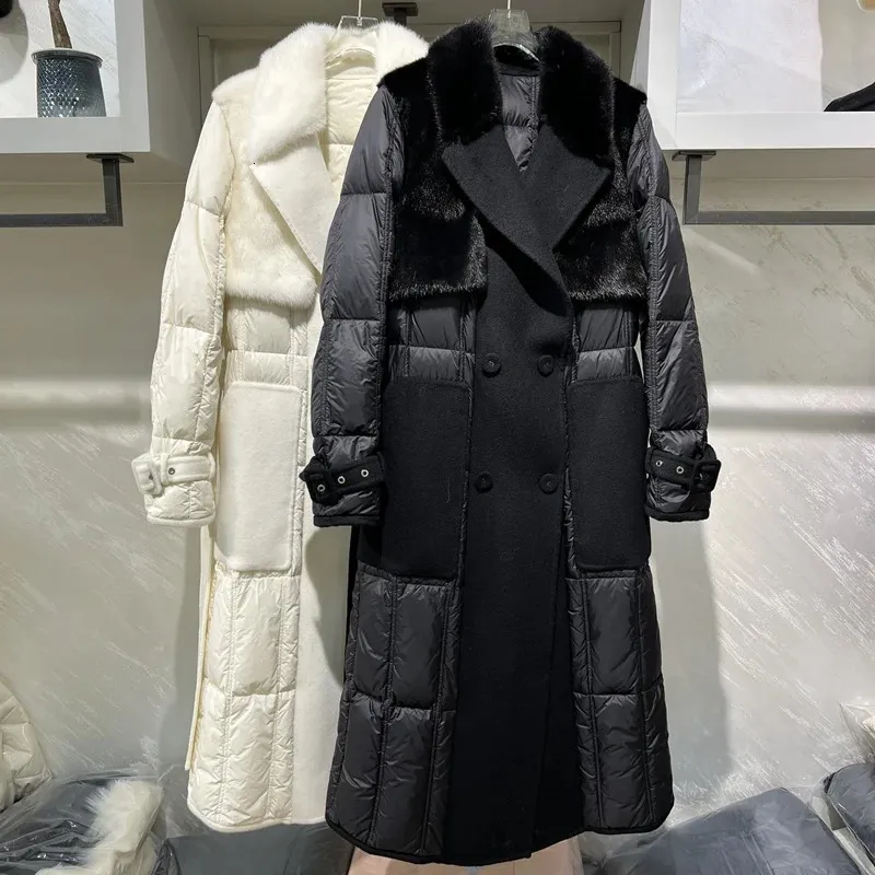Kvinnors päls faux lyx kvinnor vinterrockar naturliga får ull med riktig mink smal lång kvinnlig outwear bälte 231108