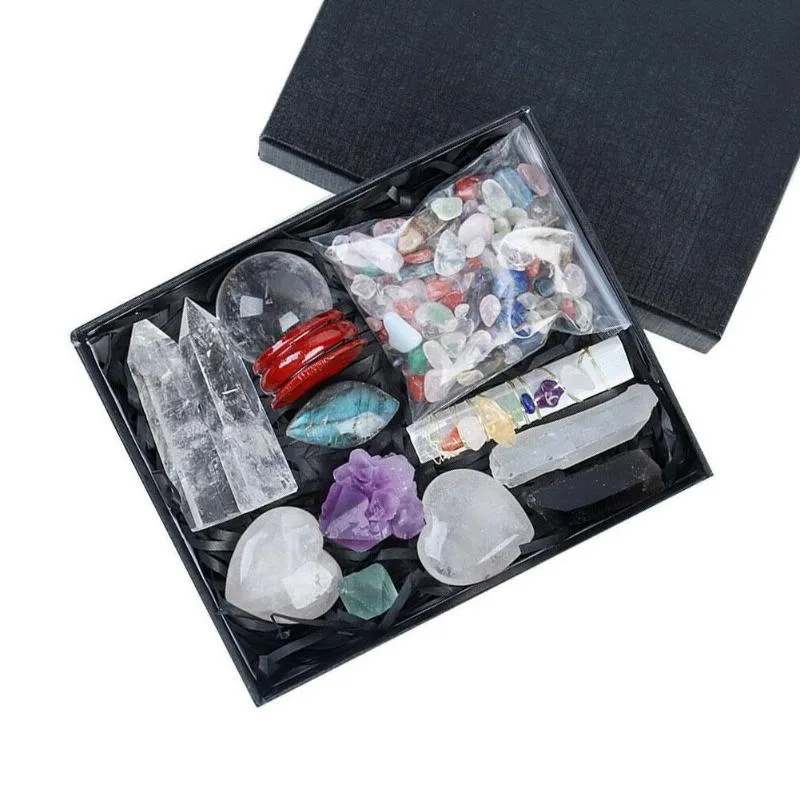 Dekorativa figurer föremål för naturlig kristallläkning Stone Magic Wand Chakra Box Reiki Set Collection 1 Craft Gift Y0H5