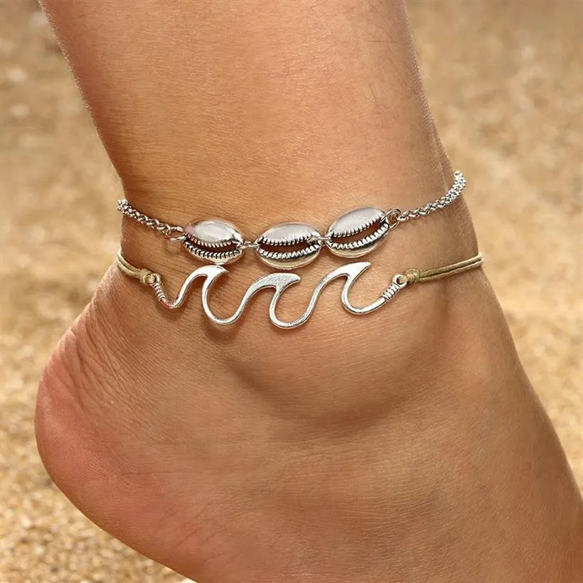 Retro Fashion Beach Surf Spray Alloy Shell Anklet Footwear Two Combination Set Bracelet Hawaii218E