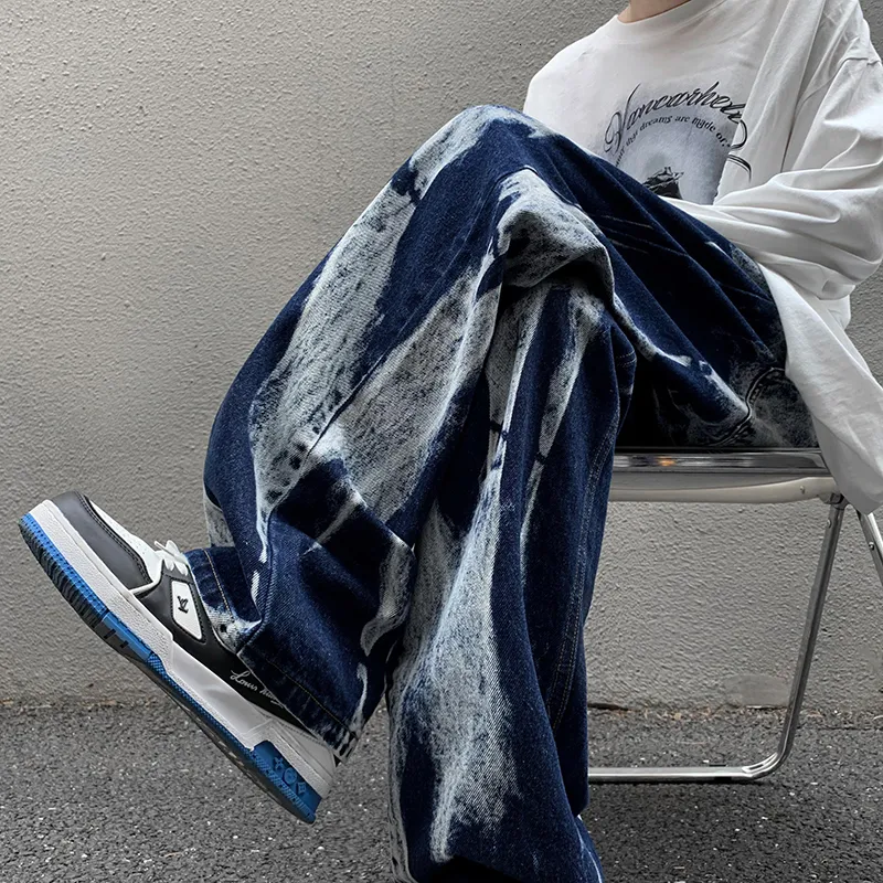 Men's Jeans Spting tie dye jeans men's high street straight denim pants men's loose fashion trend jeans men's wide leg BF clothing 230407