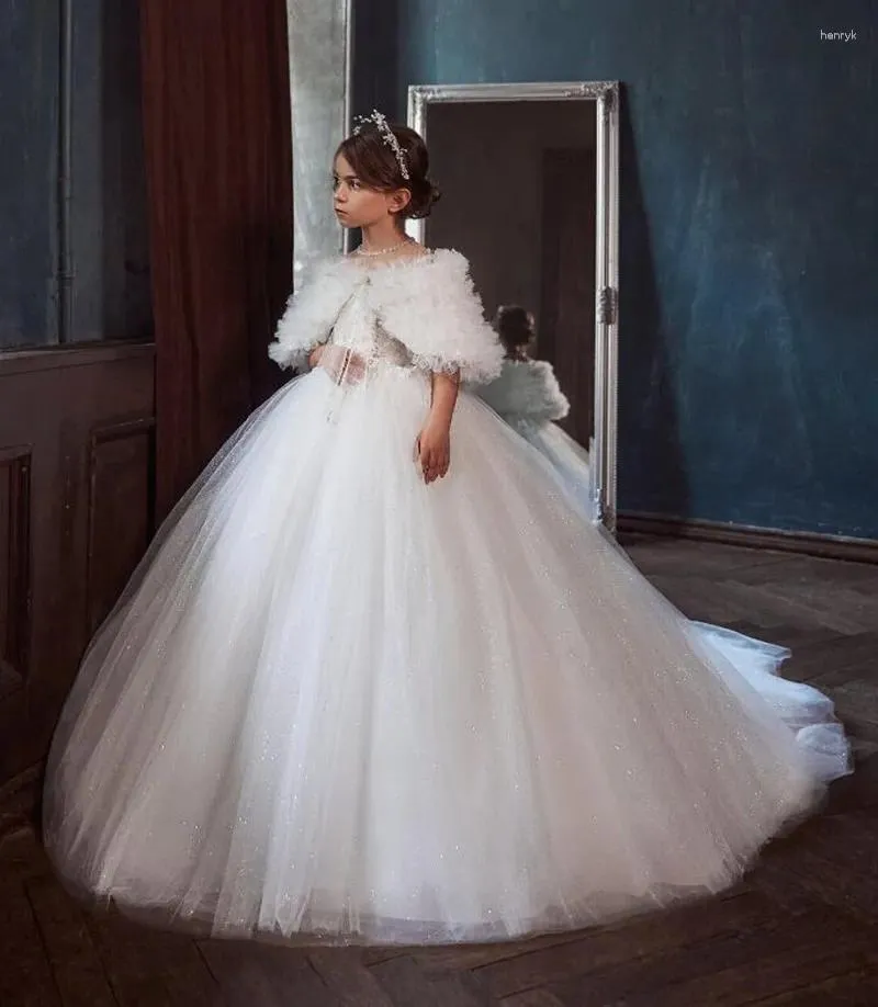 Abiti da ragazza Abito di lusso a fiori bianchi Abito da sposa per bambini con scialle Principessa A-Line Prima comunione per lo spettacolo di un giorno speciale