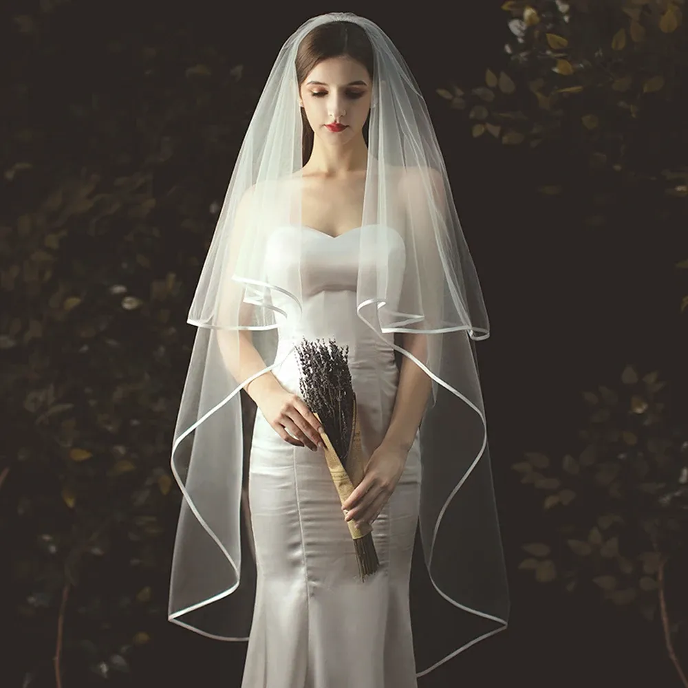Wedding Accessories 2T Wedding Veil Short Tulle Ribbon Edge Bridal Veils Two Layer Bride Veils
