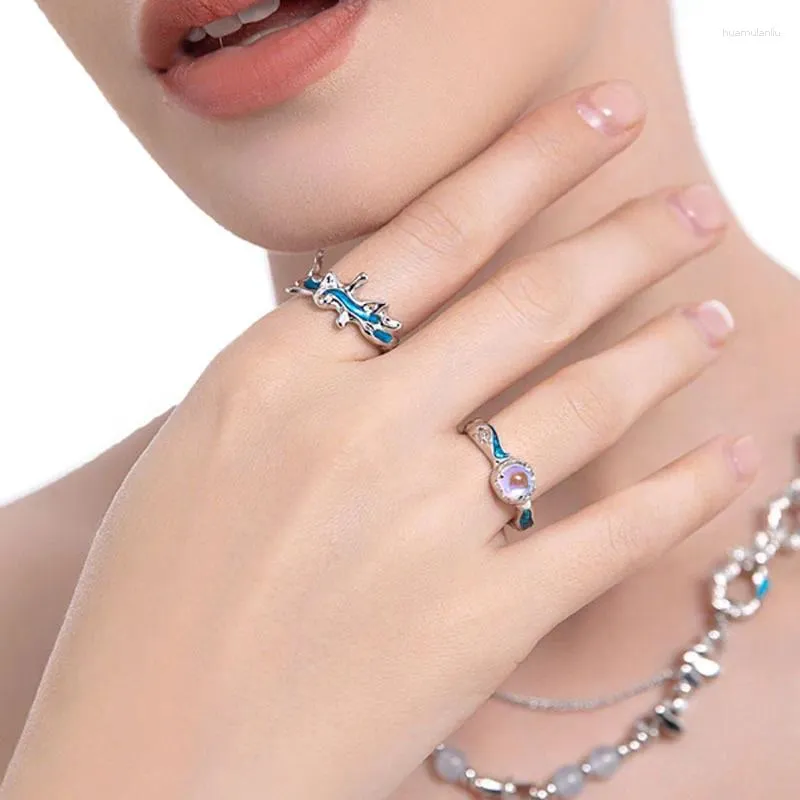 Pierścienie klastra geometryczna niebieska fala dla kobiet ze stali nierdzewnej srebrna para ślubna pierścionek palców 2023 Prezentacja biżuterii Bijoux femme