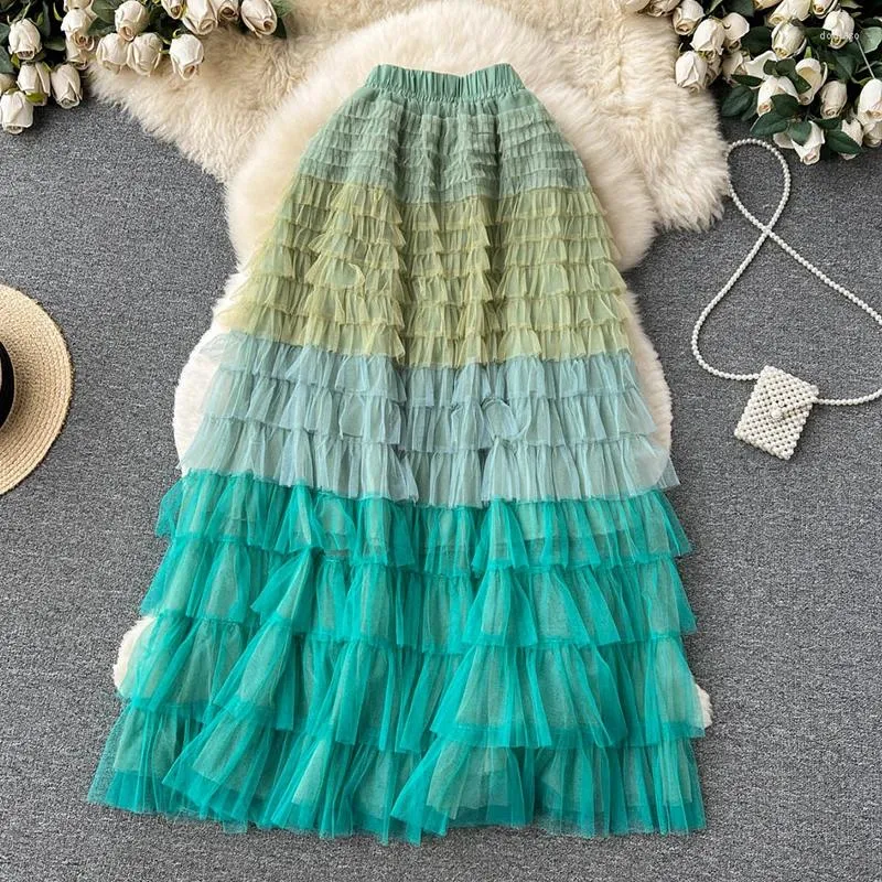 Jupes Tigena dégradé à plusieurs niveaux Tulle Maxi jupe pour femmes à la mode esthétique maille une ligne taille haute plissée longue femme