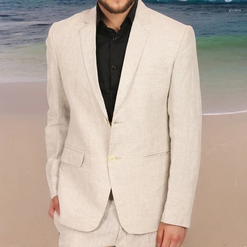 Herrenanzüge Beige Leinen Sommer Männer Für Prom 2 Stück Bräutigam Smoking 2023 Auf Lager Strand Hochzeitsanzug Männliche Mode Jacke mit Hosen