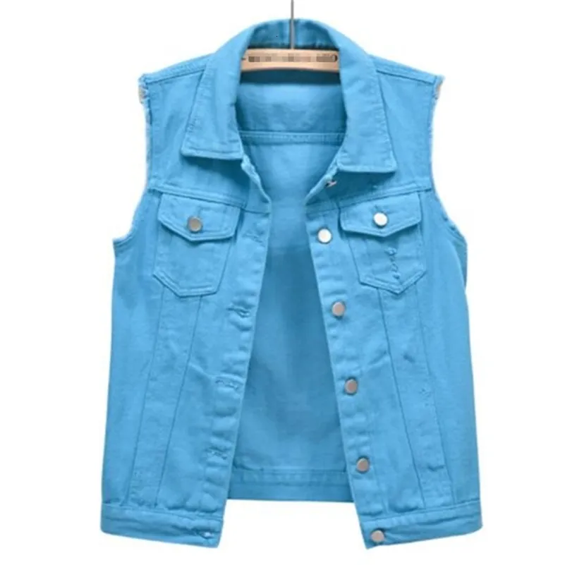 Women's Vests Sleeveless women's jacket blue pink women's top denim women's denim vest waistcoat pocket short sleeved jeans 230408