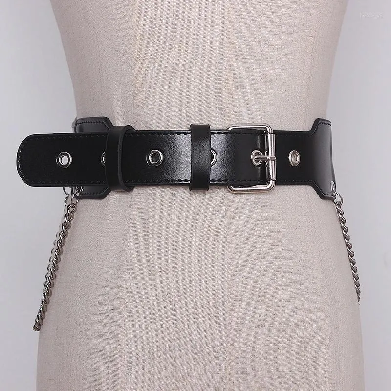 Belts Women's Runway Fashion Black Genuine Leather Chain Cummerbunds Female Dress Corsets Waistband Decoration Wide Belt TB386