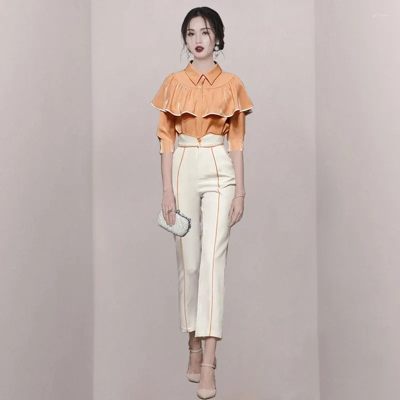 Women's Two Piece Pants Runway Design Fashion Suit Women Autumn Temperament Celebrity Versatile Ruffle Blouse Shirt High Waist Pencil 2 Set