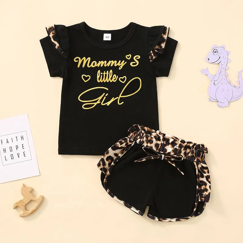 Roupas de roupas para criança, menina menina roupas de verão definido com manga curta letra de pescoço redonda de camiseta de leopardo