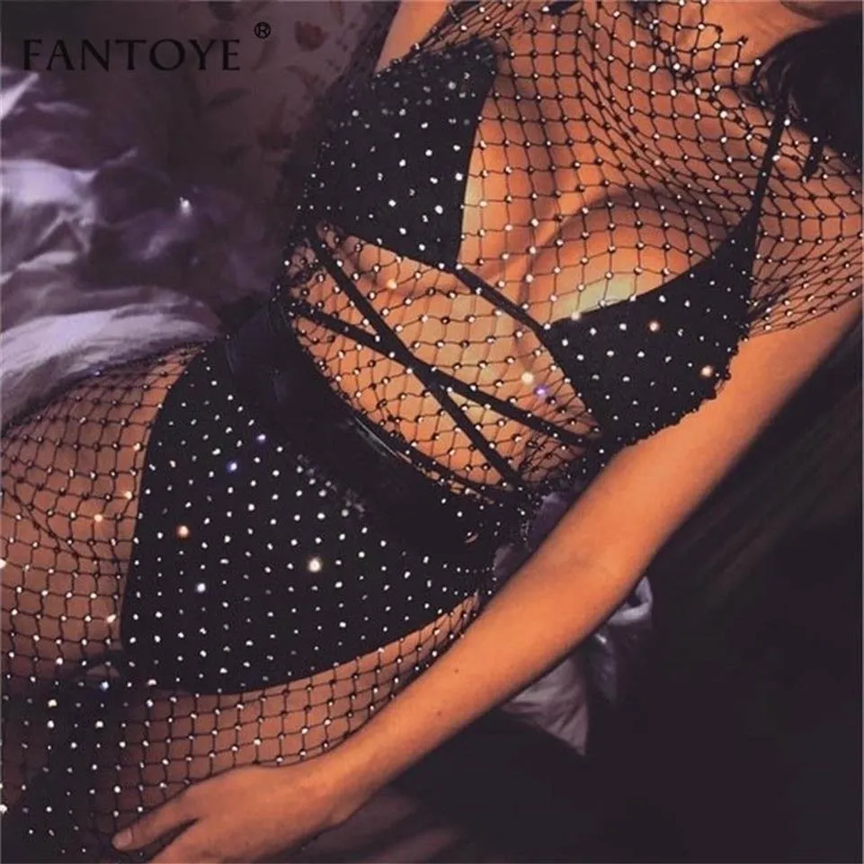 Fantoye Abito sexy con diamanti di cristallo Donna Scava fuori Abito aderente Estate Maglia a rete Abiti da spiaggia Abiti da festa Y200102275S