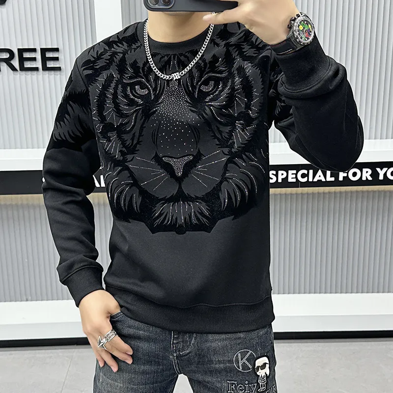 Suéter con cabeza de tigre para hombre, jersey Vintage de alta calidad con  cuello redondo y diamantes calientes, camisa inferior para hombre, marca de