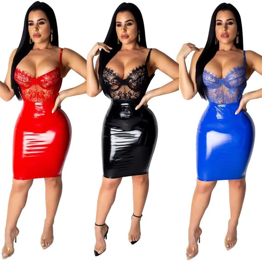 Femmes Dentelle Faux Cuir Club Robes Filles Sexy Spaghetti Sangle Réglable Col En V Fermeture À Glissière Sheer Mini Robe Moulante Bleu Rouge B277n