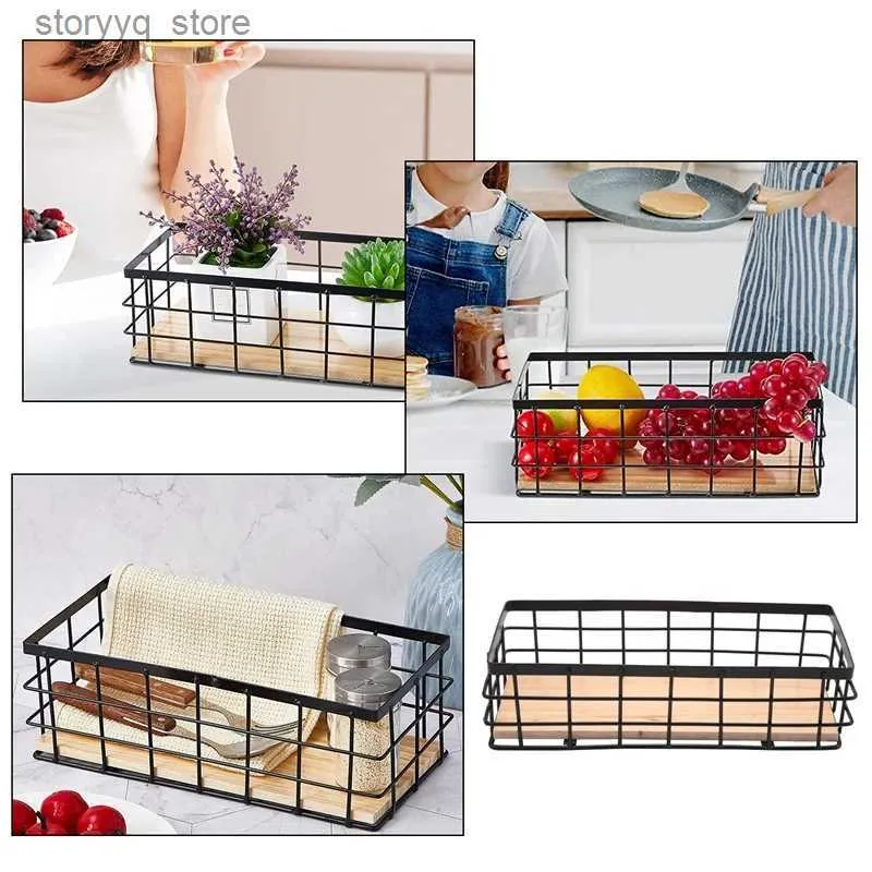 Metal Organizer Baskets For Shelves With Wood Base 2 Pack