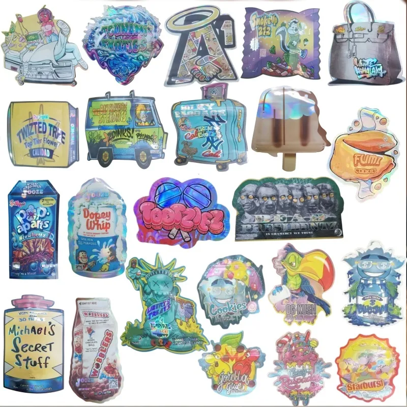 3.5G Die Cut Shape Mylar Bag med botten Jooze 2023 New Flower Pack Fumi Cookie Runtz ryggsäck Boyz skämt upp anpassat tryck