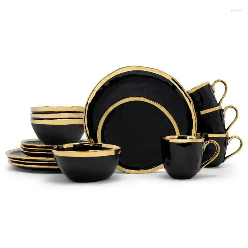 Set Piatti Bubble Set 16 Pezzi In Ceramica - Servizio Per 4 Nero Oro