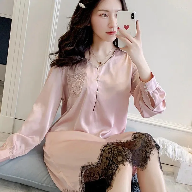 Mulheres sleepwear 2023 coreano sexy mulheres nightwear manga longa renda princesa outono seda chemise mancha camisola rosa plus size nighties