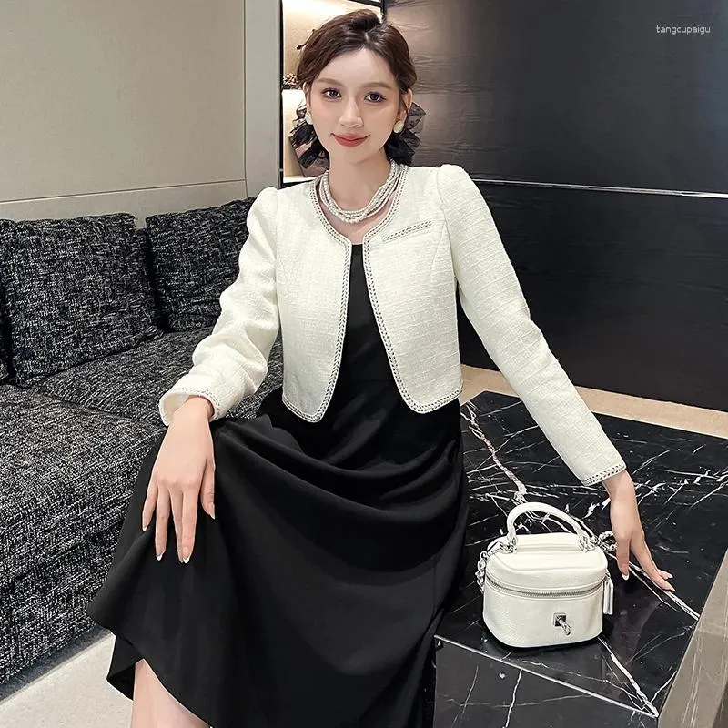 Casual Dresses Black Style Coat Dress Two-Piece Women's Clothing 2023 Autumn Elegant Socialite Western Wear Suit