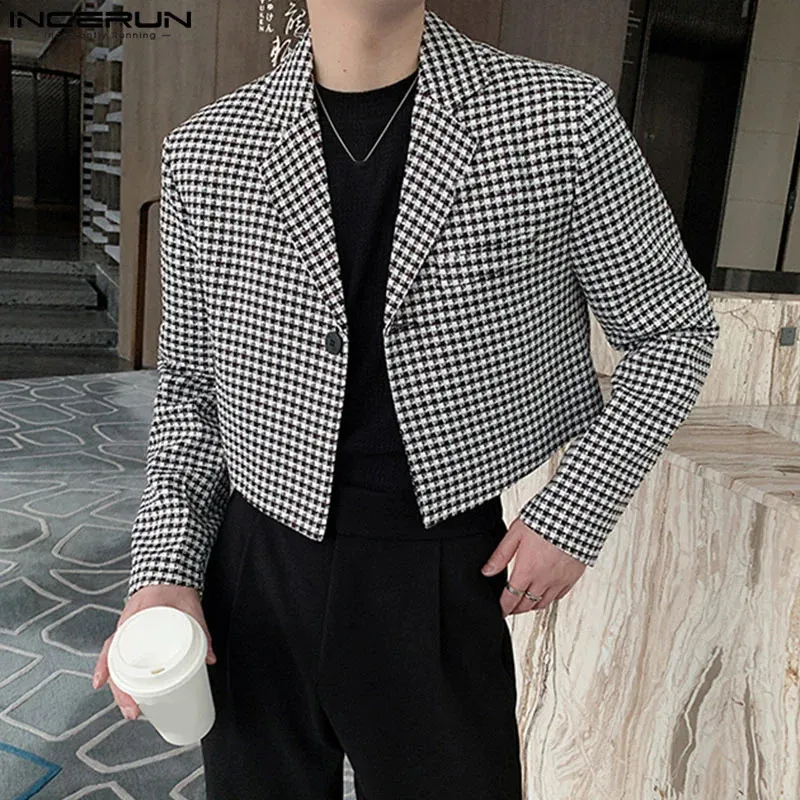 Herrjackor incerun topps 2023 koreansk stil stilig mens pläd design kostym casual parti visar manlig brunnsmontering kort stil blazer s 5xl 231108
