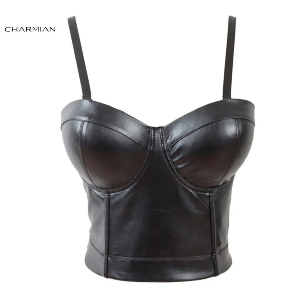 Charmian Women's Sexy Faux Leather Strap Bustier Racer Bustiers Top Leather Corsets och Bustier Gothic Pu Crop Bra Top Y190712715