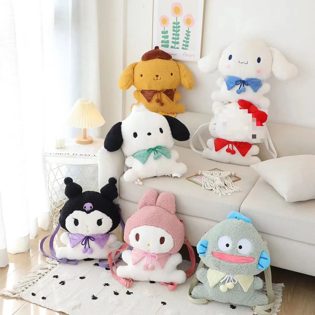 Kuromi melodia mochila de pelúcia cinnamoroll melodia gato mochila de pelúcia brinquedos animais de pelúcia boneca presente de aniversário para crianças