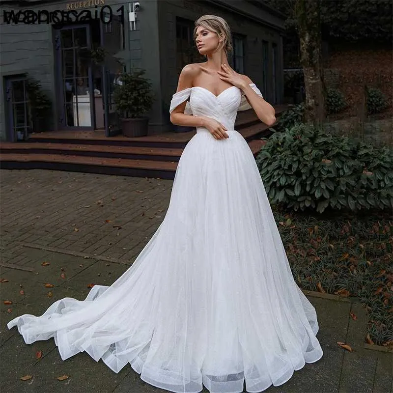 Party Dresses Off Shoulder Glitter Tul Wedding Dresses Sweetheart Straps Bridal Gowns For Bride Robe De Marie Beach Sweep Train For Women 0408H23