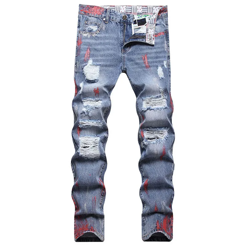2023 New Mens Straight Casual Cotton Jeans Male Jean Homme Paint Printing Pantalones Hombre Jeans Men Pants Denim Trousers