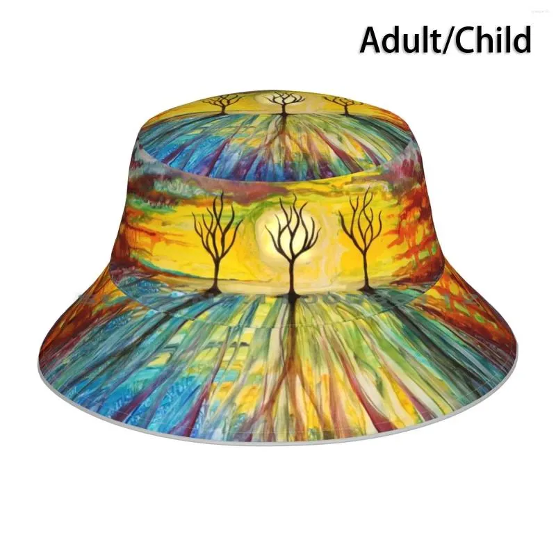 Berets Long Shadows Landscape Bucket Hat Sun Cap Colorful Trees Painting Contemporary Boho Folk Liquid