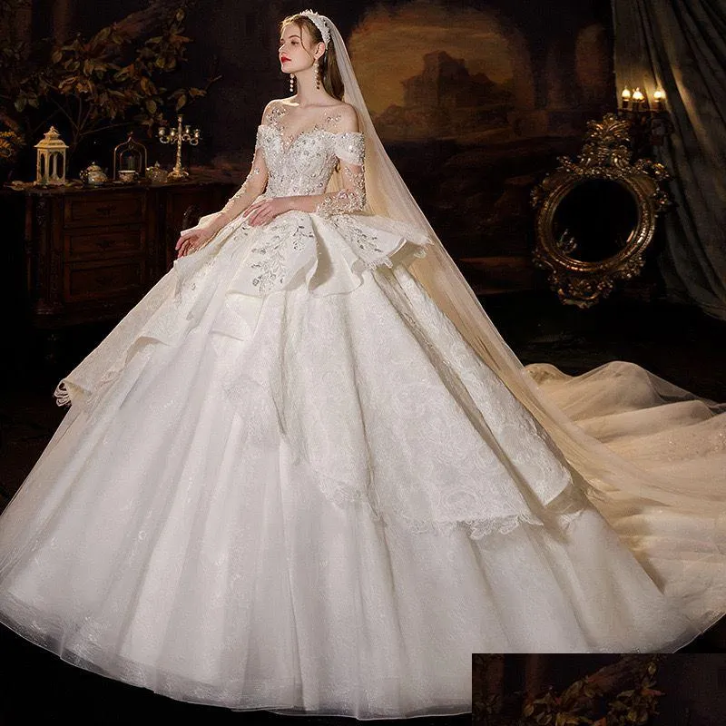 A-ligne robes de mariée Dubaï arabe à manches longues robe de mariée grande taille chérie robe brillante cristal dentelle perlée balayage train robes de mariée Otvt0