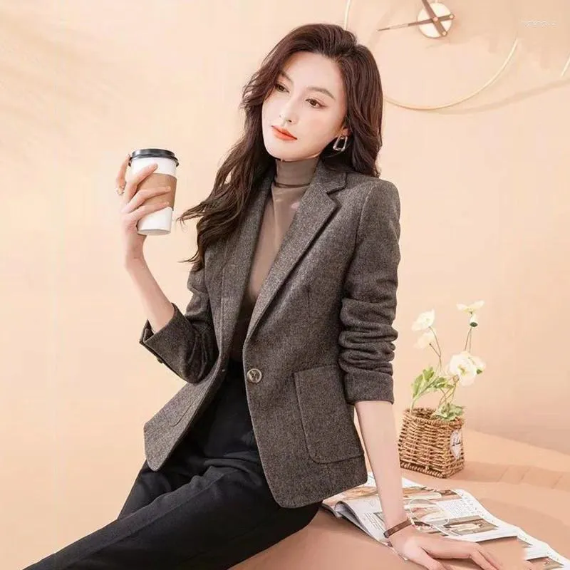 2023 Korean Fashion Womens Woolen Suit Jacket Thicken Warm Slim