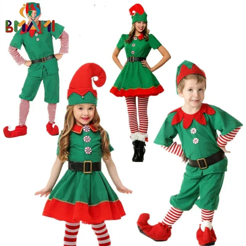Familjsmatchande kläder Christmas Santa Claus Costume Green Elf Cosplay Family Carnival Party Year Fancy Dress Clothes Set Family Matching Outfits 231107
