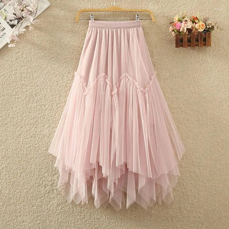 Юбки BabYong, длинная фатиновая юбка-пачка для женщин, лето 2023, корейская мода, неровный подол, высокая талия, плиссированная сетчатая юбка-миди, женская розовая