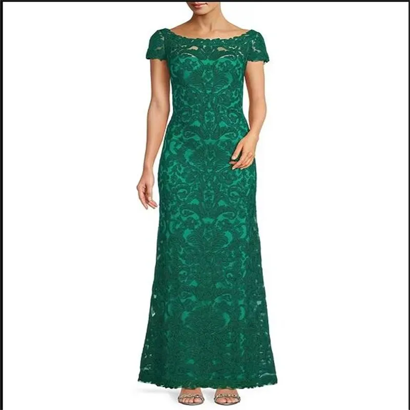 Vestidos de noche elegantes de color verde esmeralda para mujer, vestido de fiesta de manga corta con cuello barco, vestidos de fiesta largos hasta el suelo, hechos a medida, 2023