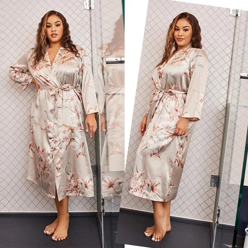 Mulheres sleepwear XL-5XL v-pescoço roupão vestido impressão mulheres cetim quimono robe manga longa verão casual solto loungewear casa roupas