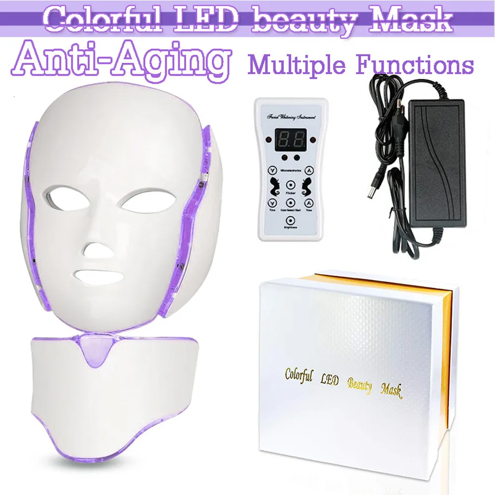 Massaggiatore per il viso Maschera a LED a 7 colori con collo Trattamento per la cura del viso Bellezza Terapia antiacne Sbiancamento del viso Macchina per il ringiovanimento della pelle 230407