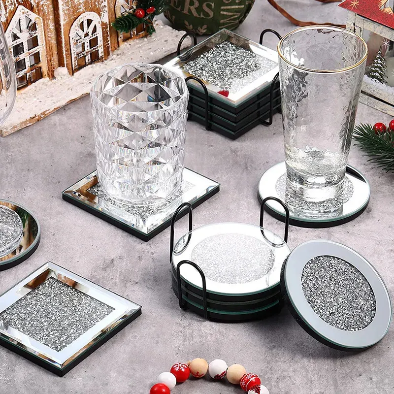 Mats Pads Glass coffee and tea coaster set tableware decoration cups and saucers silver shiny rhinestones 231107