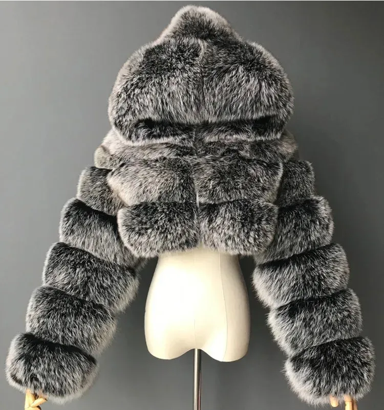 Женские осенние меховые укороченные пальто из искусственного меха, женские пушистые верхние пальто с капюшоном, прямая короткая зимняя куртка, модная уличная одежда 231108