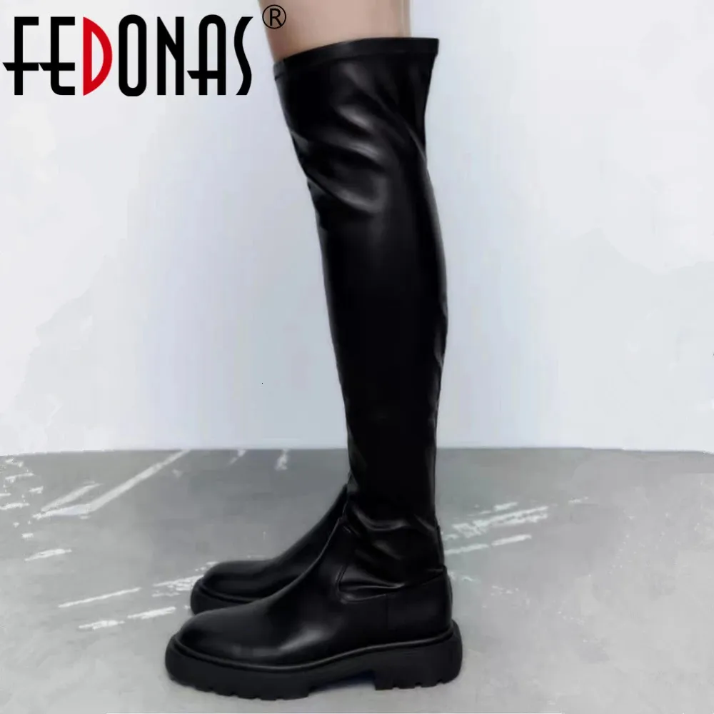 أحذية Fedonas Fashion Punk فوق أحذية الركبة العالية للنساء نحيف طويل الأسود دافئ Strech High Boots أحذية المرأة 231108