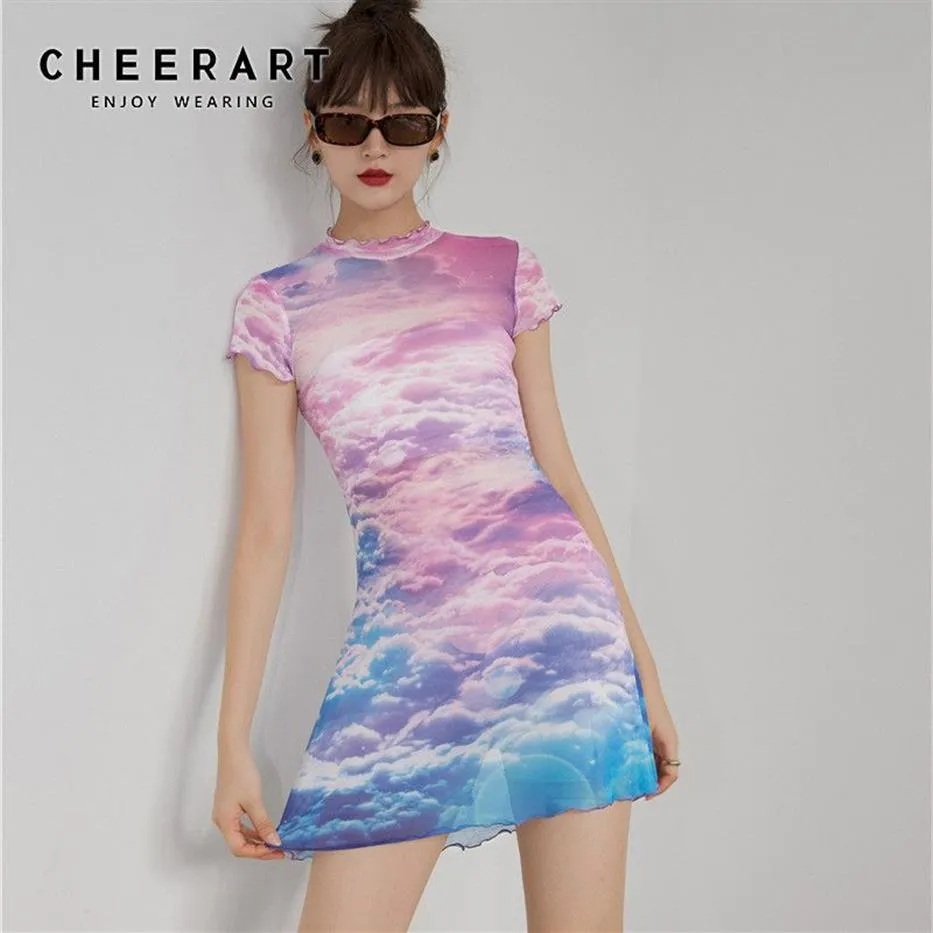 Designer Mesh Summer Bodycon Dress Women Pink Cloud Print Stand Collar Kort ärm Tight Mini High Fashion 210427227I