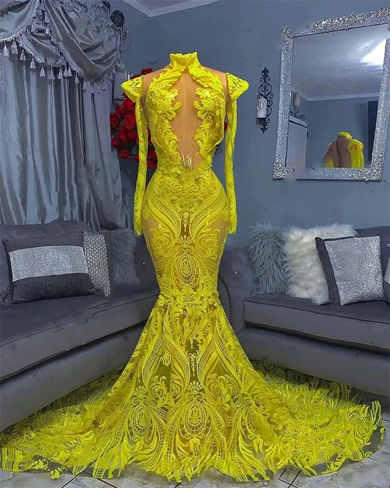 chinese dress ladies A Line V Neck High Low Yellow Lace Long Prom Dress, Yellow Lace Formal –  abcprom main image 1
