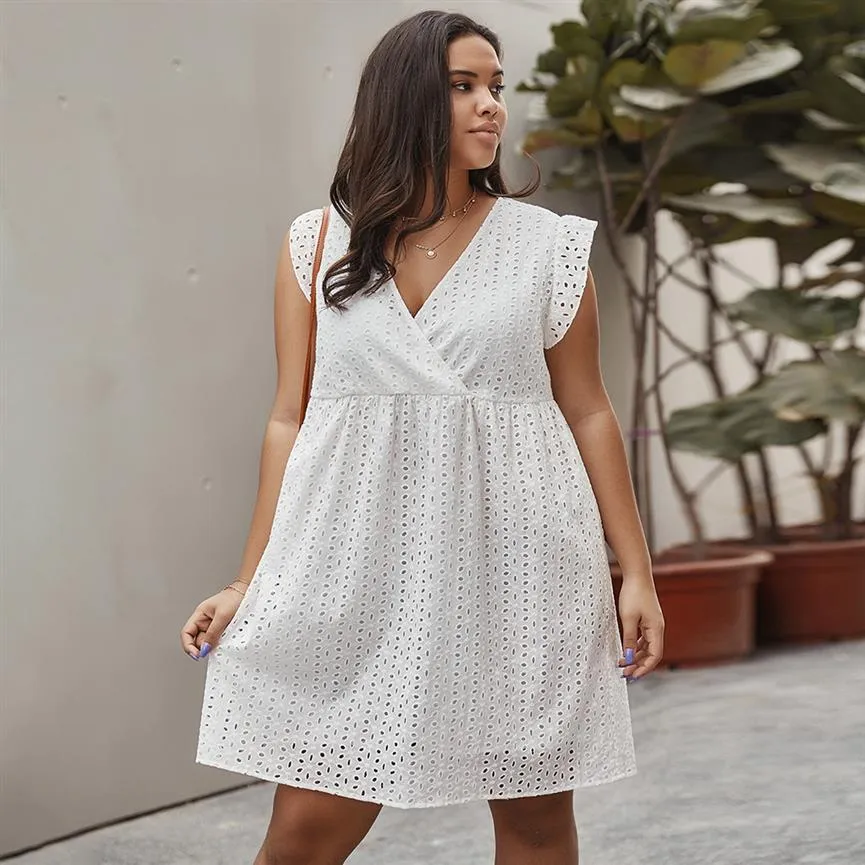 White Dress Women Summer sexy V Neck Sleevless Hollow Out Casual Dress High Waist Loose Ladies Tunic Mini Dresses292U