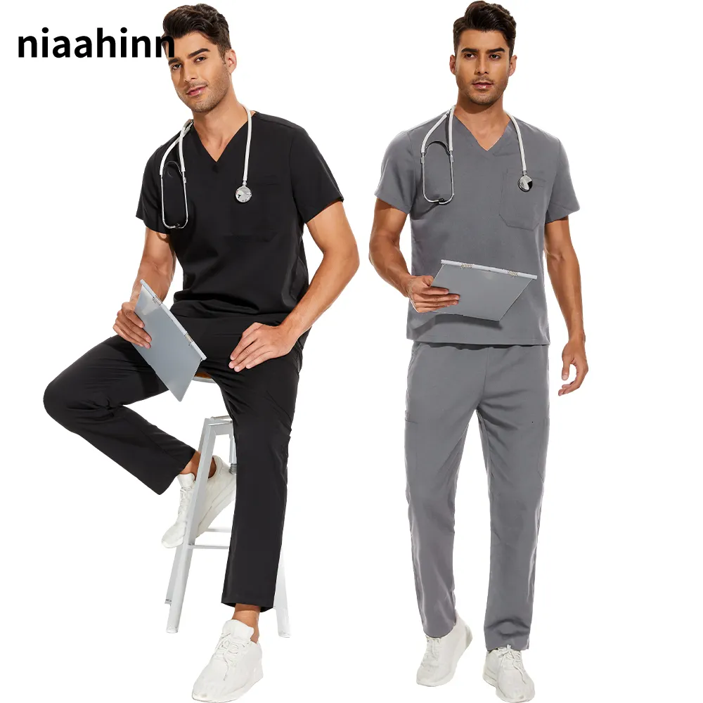 Etnik Giyim Erkekleri Scrubs Tekdüze Lab Seti Erkek Toptan Klinik Hastane Doktor Tutumları V Boyun Moda Scrub Eczane Hemşire Giysileri 230408