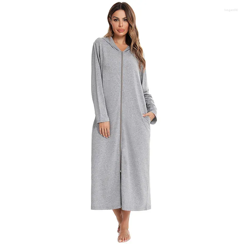 Mulheres sleepwear com capuz zíper manga longa camisola 2023 outono cardigan solto mulheres quentes casa nightdress europa américa plus size