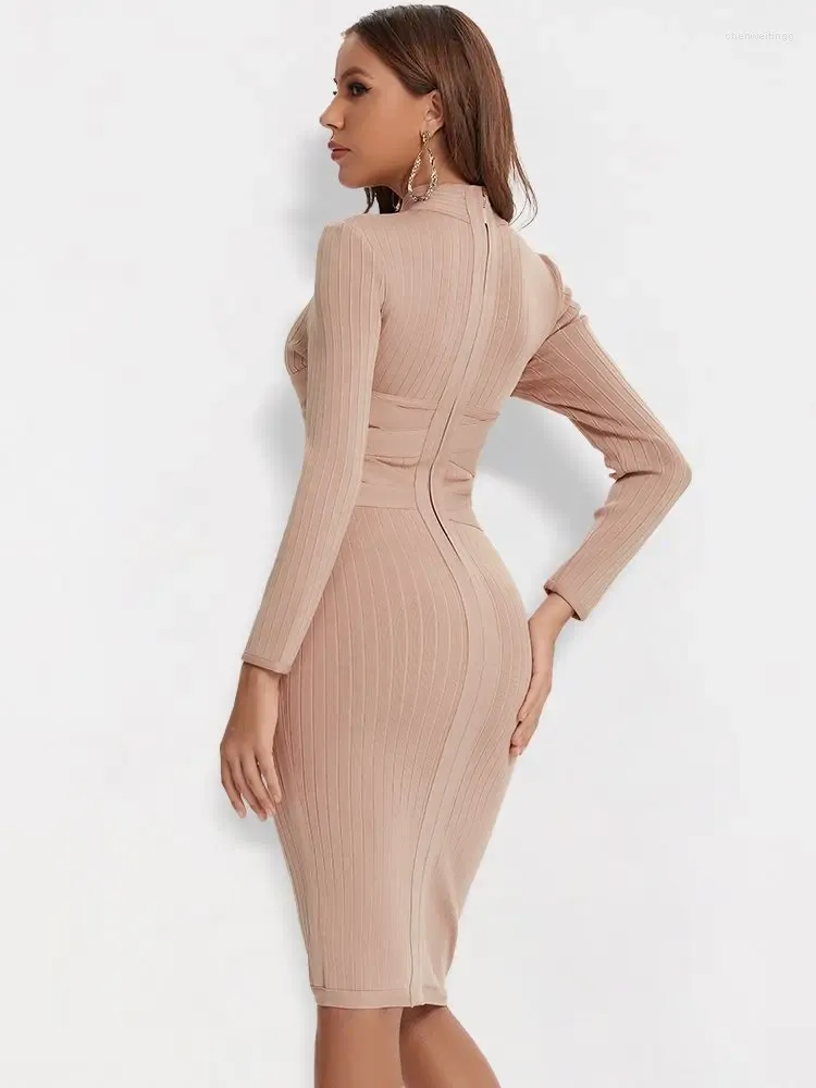 Casual Dresses BEAUKEY High Quality Khaki Long Sleeves Bandage Dress 2023 For Women Slim Tight Strips Bodycon Midi Vintage Vestidos XL