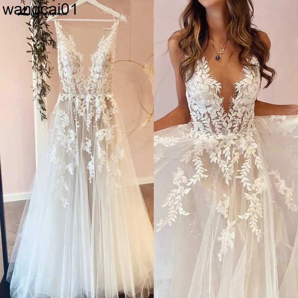 Party Dresses Sexig A-Line Backss Bröllopsklänning 2023 Vintage Lace Applique pärlor av vita tul bröllopsklänningar Trouwjuk lång brudklänning 0408H23