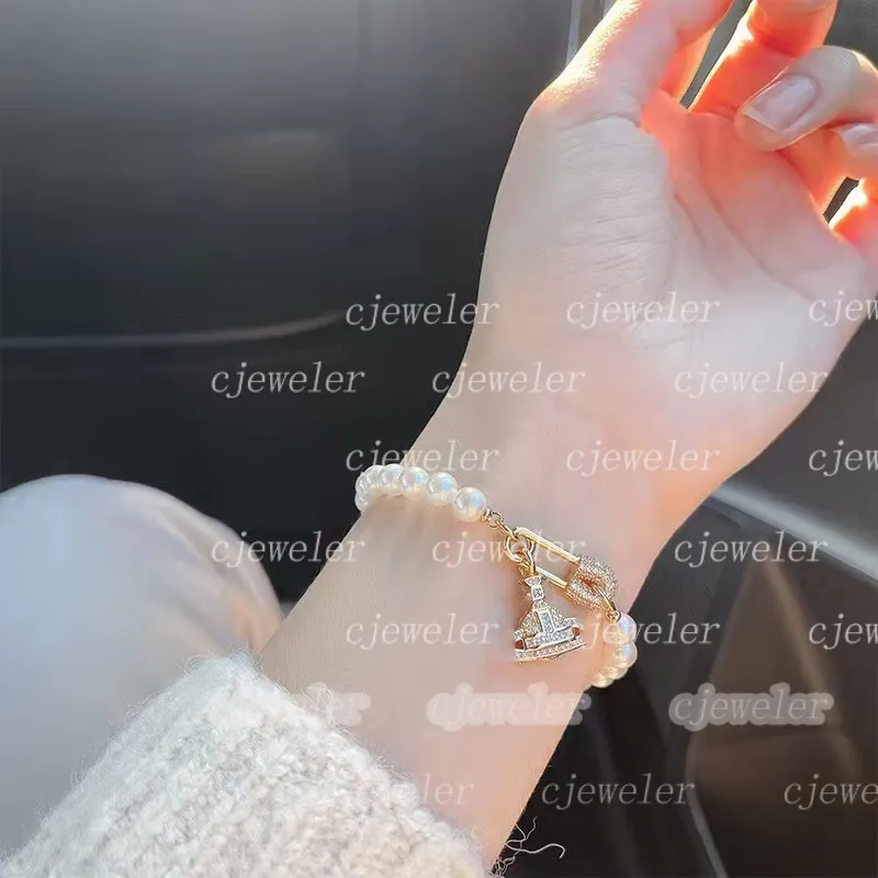 Vivi West Chrm Bracelets Designer Saturn évidé plein diamant broche perle bracelet pour hommes femmes bijoux Orecchini Bijoux Cjewelers